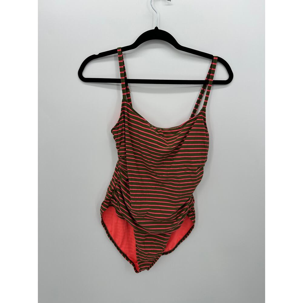 La Blanca Island Goddess One-Piece Swimsuit Women Sz 14 Green Neon Striped Beach
